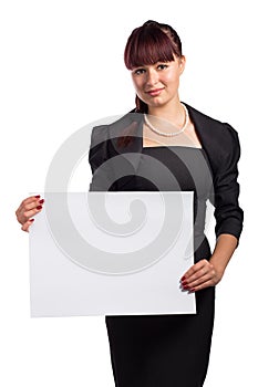 Attractive woman holding blank business sign board