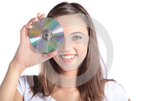 Attractive woman holding CD-Rom