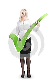 Attractive woman holding a check mark