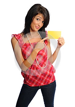 Attractive woman with index card