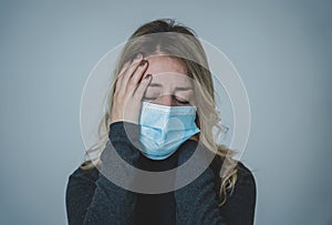 Attractive woman in isolation for virus outbreak suffering from anxiety hypochondria and depression