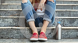 An Attractive Woman in Jeans and Ruby Red Flats Pauses on Stairs with Her Reusable Water Bottle, Embracing Plastic-Free Elegance
