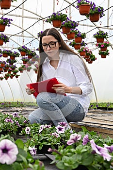 Attractive woman make inventory garden shopping center. Female farmer examining plants. Floral business concept.