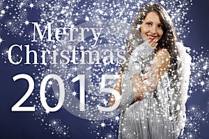 Attractive woman with merry christmas sign