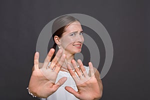 Attractive woman saying thanks but no photo