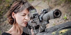 Attractive woman shooting with rifle machine gun from behind barricade