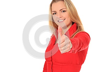 Attractive woman showing thumbs up