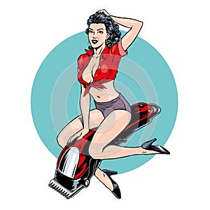 Attractive woman sitting on barber hair clipper, barbershop retro pin up style vector illustration