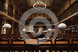Attractive woman sitting in an empty public library reading a book and looking at the camera