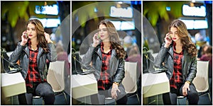 Attractive woman speaking on mobile in mall. Beautiful fashionable young girl in black leather jacket posing in shopping center