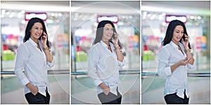 Attractive woman speaking on mobile in mall. Beautiful fashionable young girl in white male shirt posing in modern shopping center