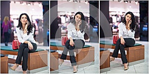 Attractive woman speaking on mobile in mall. Beautiful fashionable young girl in white male shirt sitting on wooden bench