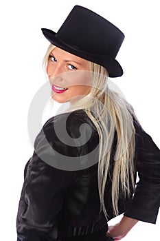 Attractive woman standing in tophat