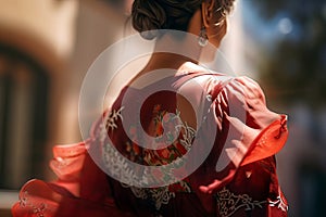 Attractive woman in traditional dress at the April Fair, Seville Fair (Feria de Sevilla). Seville April Fair.