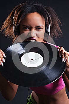 Attractive woman with vinyl