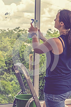 Attractive Woman Washing the Window. Cleaning Company worker working. Young woman washing window, close up. Cute girl with