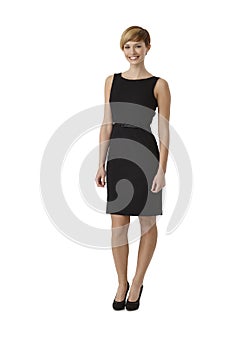 Attractive woman wearing black cocktail dress