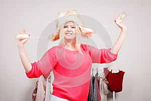 Attractive woman wearing furry winter hat