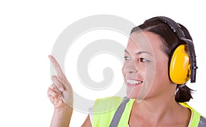 Attractive Woman Worker in Safety Jacket and Protective Ear Head