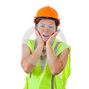 Attractive Woman Worker in Safety Jacket and Yellow Helmet
