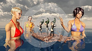 Attractive women bathing in the sea and dwarfs on a raft photo