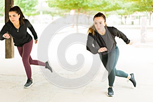 Attractive workout partners working out at the park