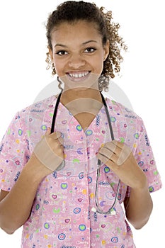 Attractive Young Black Nurse Smiling Over White