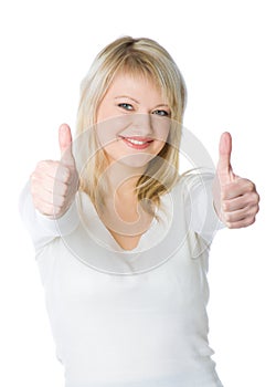 Attractive young blond woman with two thumbs up