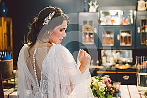Attractive young bride before wedding ceremony. Bride`s Preparations. Wedding Morning. Charming bride in white wedding dress at