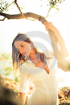 Attractive, young brunette on the beach, amid olive trees