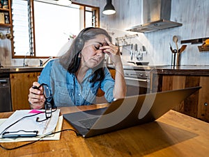 Attractive young business woman working from home on her computer stressed, tired and overwhelmed