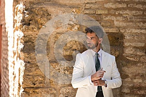 Attractive young businessman with beard, suit and tie, posing next to a stone wall. Concept beauty, fashion, success, achiever,
