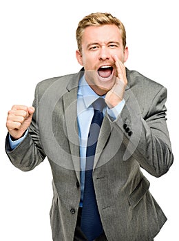 Attractive young businessman man shouting - isolated on white ba