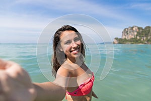Attractive Young Caucasian Woman In Swimsuit On Beach Taking Selfie Photo, Girl Blue Sea Water Holiday