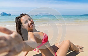 Attractive Young Caucasian Woman In Swimsuit Sitting On Beach, Girl Taking Selfie Photo Blue Sea Water Holiday