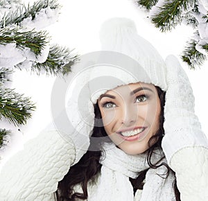 Woman winter chistmas tree covered with snow photo