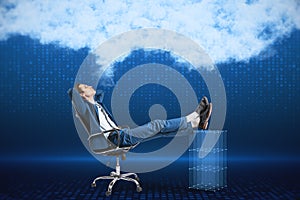 Attractive young european businessman laying on chair on blurry digital blue background with abstract cloud. Cloud computing, big