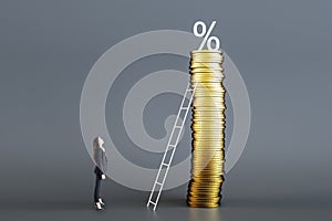 Attractive european businesswoman looking at huge golden coin pile with ladder and percent sign on gray background.