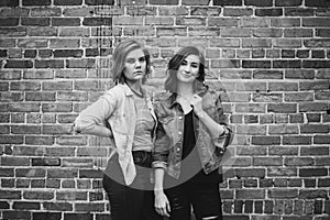 Attractive Young Female Best Friends Modeling and Having Fun in Front of Brick Urban Wall