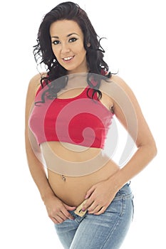 Attractive Young Hispanic Woman Posing Pin Up In Jeans and a Red