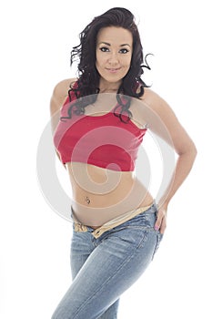 Attractive Young Hispanic Woman Posing Pin Up In Jeans and a Red photo