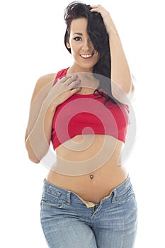 Attractive Young Hispanic Woman Posing Pin Up In Jeans and a Red