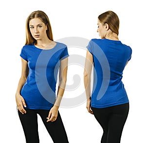 Attractive young lady posing with blank blue shirt