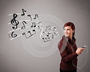 attractive young lady singing and listening to music with musical notes