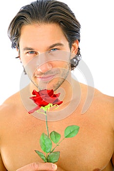 Attractive Young Man Holding Red Rose