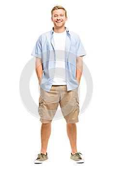 Attractive young man smiling full length on white background