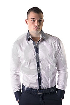 Attractive young man white shirt and blue pants