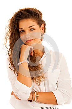 Attractive young pensive business woman smiling isolated over white background