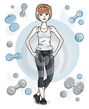 Attractive young red-haired sportswoman adult standing on simple background with dumbbells and barbells. Vector illustration of