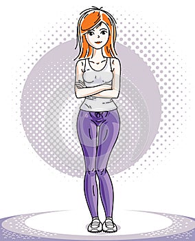 Attractive young red-haired sportswoman adult standing. Vector i